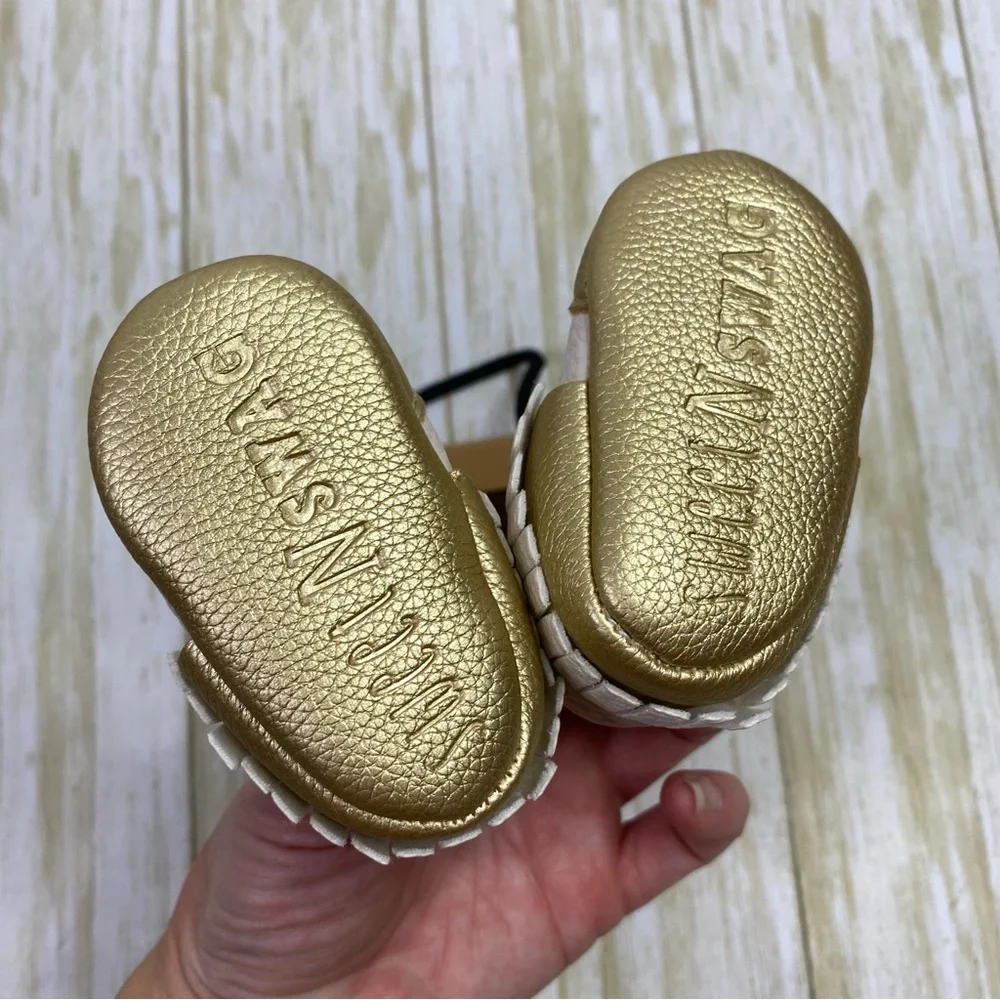 Sweet N Swag White & Gold Leather Fringe Baby Moccasins